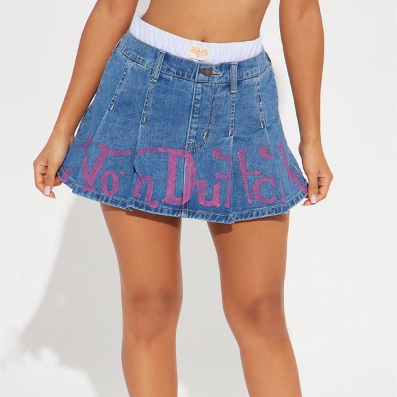 Von Dutch Dresses & Skirts - Von Dutch Denim Mini Skirt with Pink Logo (Size M: 7/8)